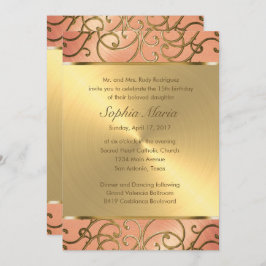 Quinceanera Peach en Gold Filigree Swirls Kaart
