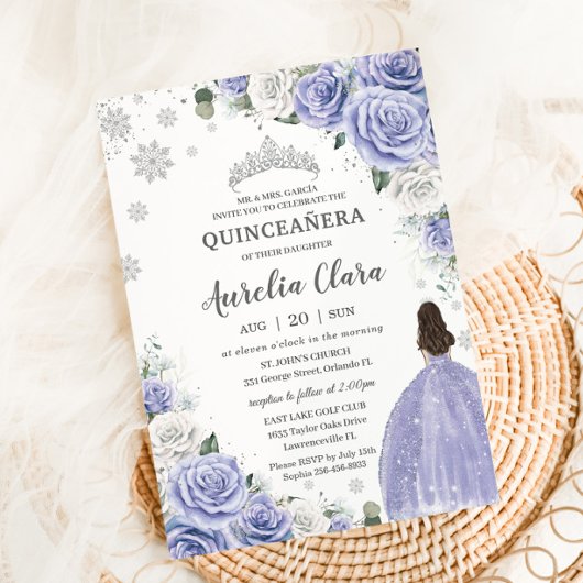 Quinceañera Periwinkle Paarse Witte Bloemen Winter Kaart