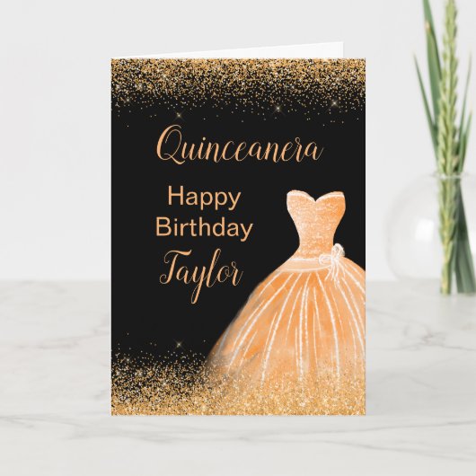Quinceanera Perzik Sinaasappel Jurk Faux Glitter Kaart (Voorkant)
