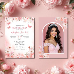 Quinceañera Photo Blush Pink Rose Floral Kaart