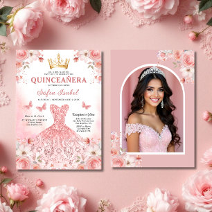 Quinceañera Photo Blush Pink Rose Floral Kaart