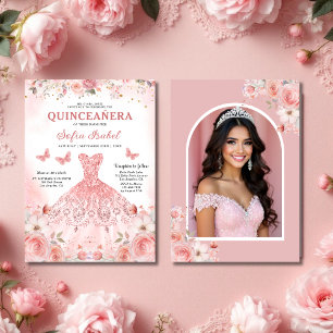 Quinceañera Photo Blush Pink Rose Floral Kaart