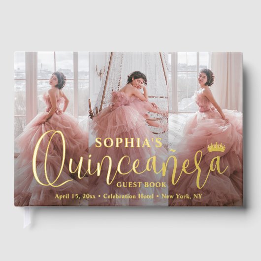 Quinceañera Photo Collage Modern Script Keepsake Gastenboek (Voorkant)