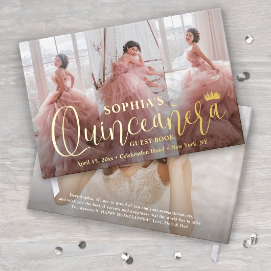 Quinceañera Photo Collage Modern Script Keepsake Gastenboek
