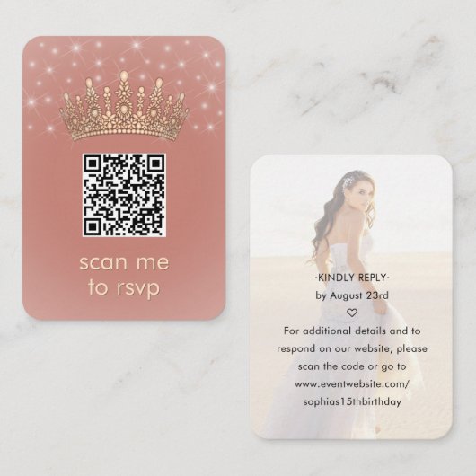 Quinceañera Photo QR RSVP Rose Gold Crown Scan Me Informatiekaartje (Voorkant / Achterkant)