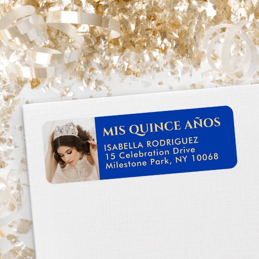 Quinceañera Photo Royal Blue & Gold Retouradres Etiket