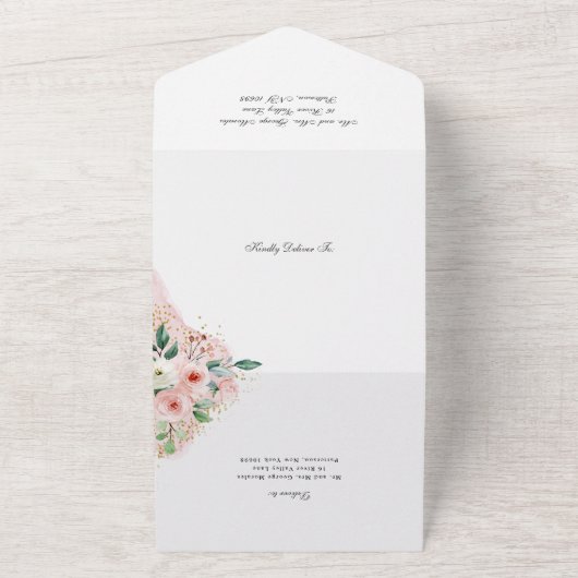 Quinceañera Pink and Gold Waterverf Flowers All In One Uitnodiging (Buitenkant)