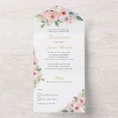 Quinceañera Pink and Gold Waterverf Flowers All In One Uitnodiging (Binnen)