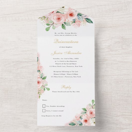 Quinceañera Pink and Gold Waterverf Flowers All In One Uitnodiging (Binnen)