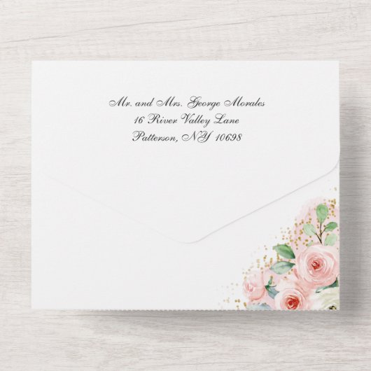 Quinceañera Pink and Gold Waterverf Flowers All In One Uitnodiging (Achterkant)