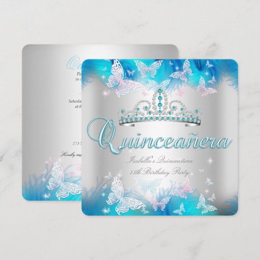 Quinceanera Pink Blauwgroen Blue Tiara Butterfly Kaart (Voorkant / Achterkant)