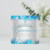 Quinceanera Pink Blauwgroen Blue Tiara Butterfly Kaart (Staand voorkant)
