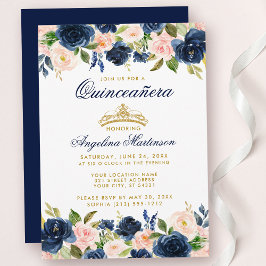 Quinceanera Pink Blue Floral Crown Gold Invite Kaart
