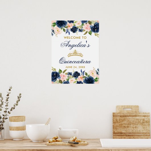 Quinceanera Pink Blue Floral Crown Gold Poster (Keuken)