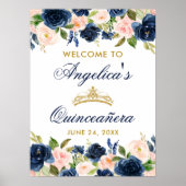 Quinceanera Pink Blue Floral Crown Gold Poster (Voorkant)