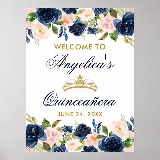 Quinceanera Pink Blue Floral Crown Gold Poster (Voorkant)