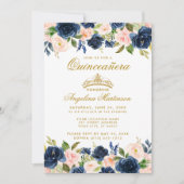 Quinceanera Pink Blue Floral Gold Crown Kaart (Voorkant)