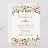 Quinceanera Pink Blush Floral Gold Crown Invite Kaart (Voorkant)