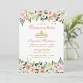 Quinceanera Pink Blush Floral Gold Crown Invite Kaart (Staand voorkant)