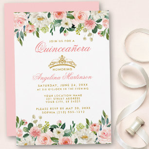 Quinceanera Pink Blush Floral Gold Crown Invite Kaart