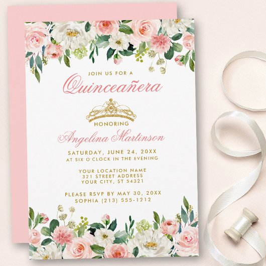 Quinceanera Pink Blush Floral Gold Crown Invite Kaart