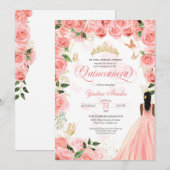 Quinceanera Pink Blush Rozen Elegant Butterfly Inv Kaart (Voorkant / Achterkant)