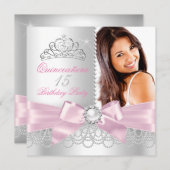 Quinceanera Pink Bow white Pearls Foto van Birthda Kaart (Voorkant / Achterkant)