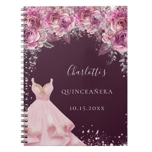 Quinceanera pink bugundy bloemetjesjurk notitieboek (Voorkant)