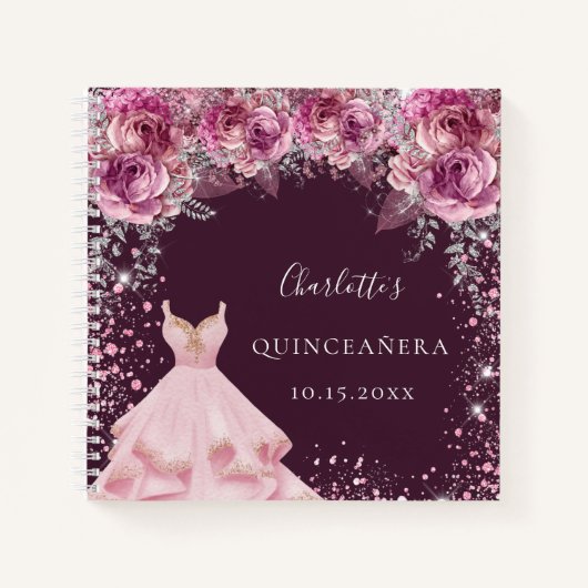 Quinceanera pink bugundy bloemetjesjurk notitieboek (Voorkant)