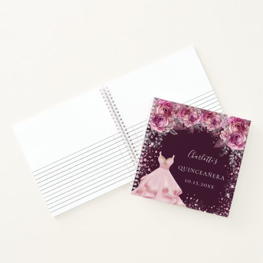Quinceanera pink bugundy bloemetjesjurk notitieboek (Binnen)