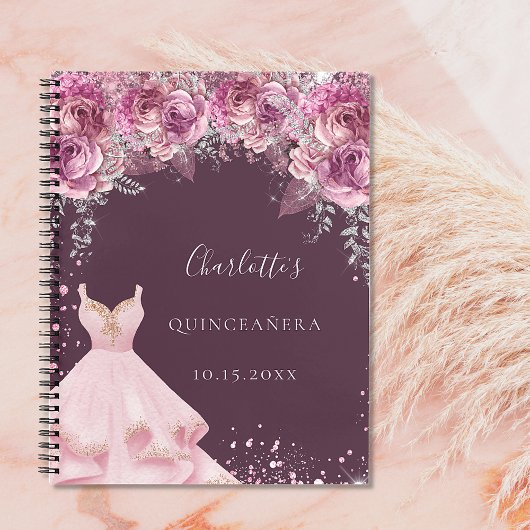 Quinceanera pink bugundy bloemetjesjurk notitieboek