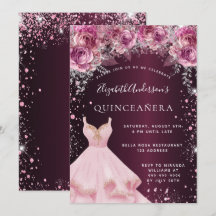 Quinceanera pink burgundy glitter jurk floral