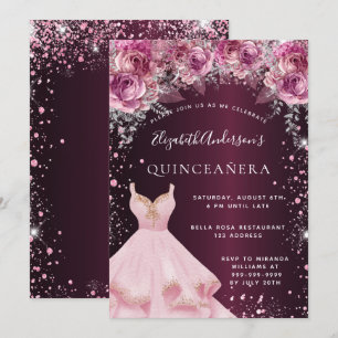 Quinceanera pink burgundy glitter jurk floral kaart