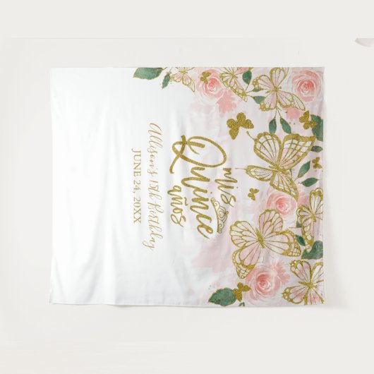 Quinceanera Pink Butterflies Floral Backdrop Wandkleed (Voorkant (horizontaal))