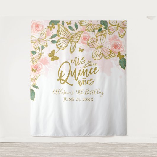 Quinceanera Pink Butterflies Floral Backdrop Wandkleed (Voorkant)