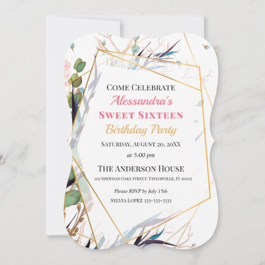 Quinceanera Pink Dress Wild Herbs Uitnodiging (Achterkant)