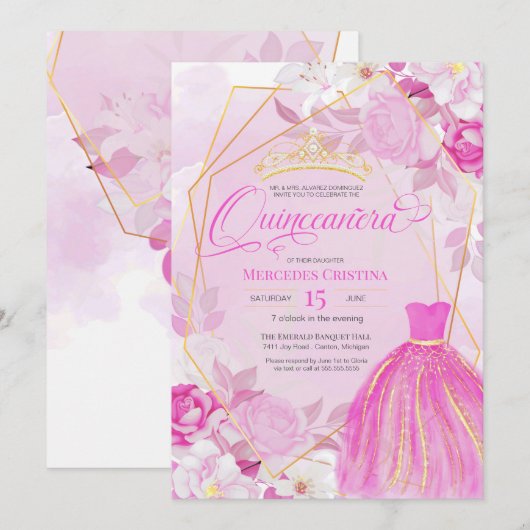 Quinceañera Pink en Gold elegant fancy Tiara Kaart (Voorkant / Achterkant)