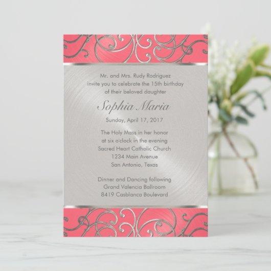 Quinceanera Pink en Silver Filigree Swirls Kaart (Staand voorkant)