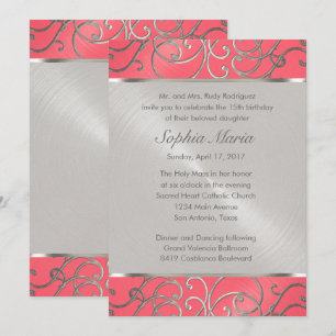 Quinceanera Pink en Silver Filigree Swirls Kaart