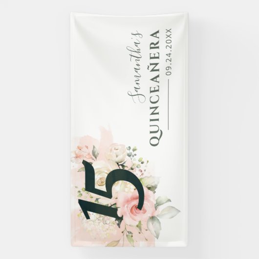 Quinceanera Pink Floral 15th Birthday Botanical Spandoek (Verticaal)