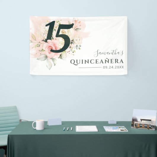 Quinceanera Pink Floral 15th Birthday Script Spandoek (Beurs)