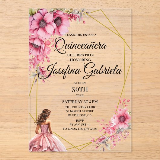 Quinceanera pink floral acryl uitnodigingen (Voorkant)