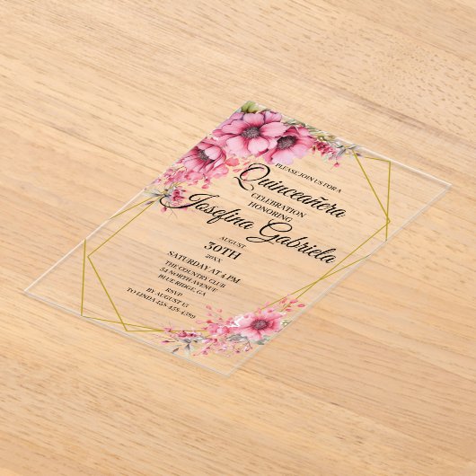 Quinceanera pink floral acryl uitnodigingen (Laagn)