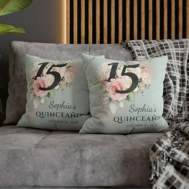 Quinceanera Pink Floral Bloom 15e verjaardag Kussen (Floral Quinceanera 15th Birthday Party Decoration Throw Pillow)