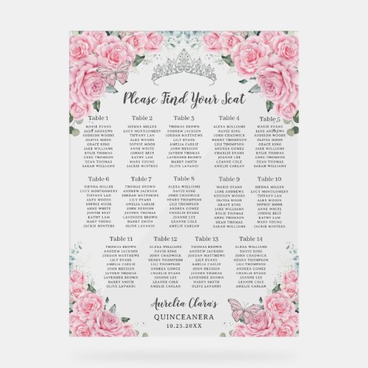 Quinceanera Pink Floral Butterflies Seating Chart Acryl Bord (Voorkant)