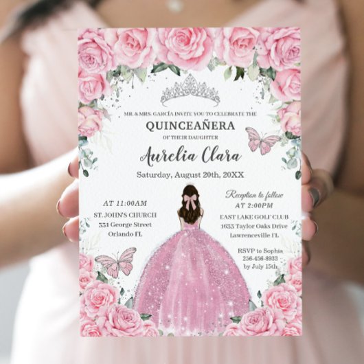 Quinceañera Pink Floral Butterflies Silver Tiara Kaart