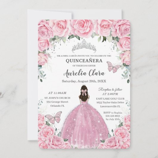 Quinceañera Pink Floral Butterflies Silver Tiara Kaart (Voorkant)