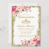 Quinceanera Pink Floral Gold Glitter Crown Invite Kaart (Voorkant)