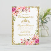 Quinceanera Pink Floral Gold Glitter Crown Invite Kaart (Staand voorkant)