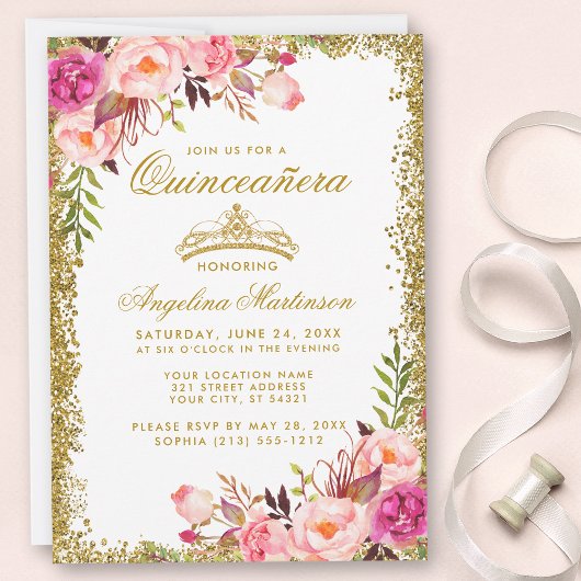 Quinceanera Pink Floral Gold Glitter Crown Invite Kaart